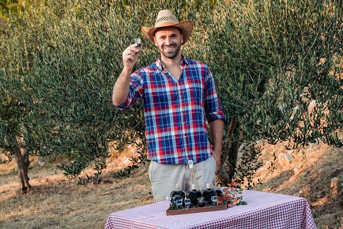 Olive farm & village - The tasting table: olive oil, bread, wine, and spirits